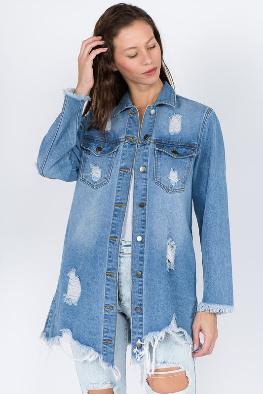 American Bazi Distressed Frayed Hem Denim Jacket - ClassiQ