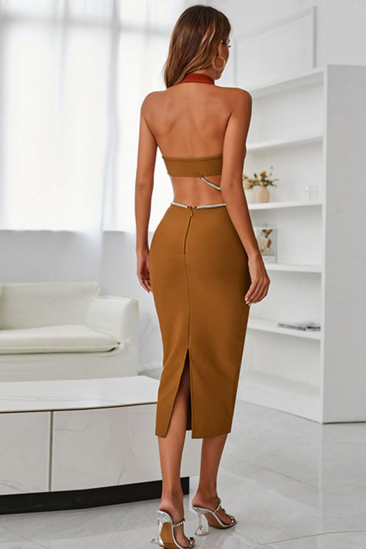 Rhinestone Halter Neck Cutout Slit Midi Dress - Classique Collection