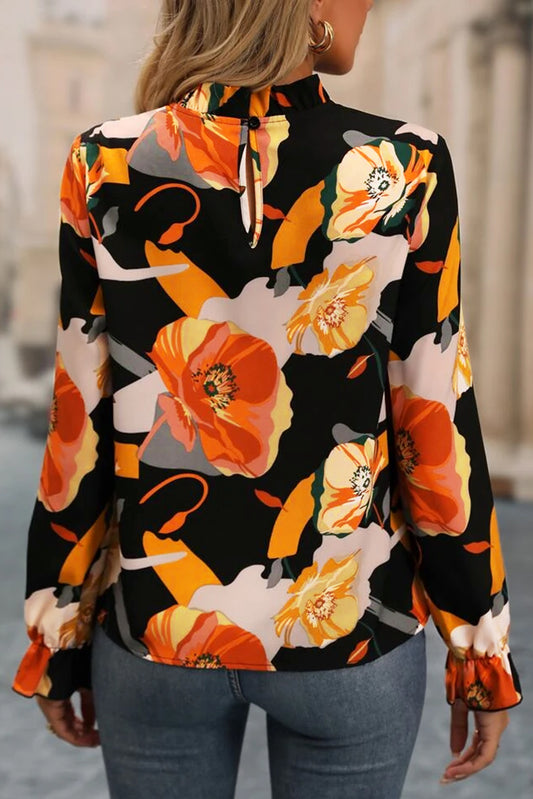 Floral Mock Neck Flounce Sleeve Blouse - Classique Collection