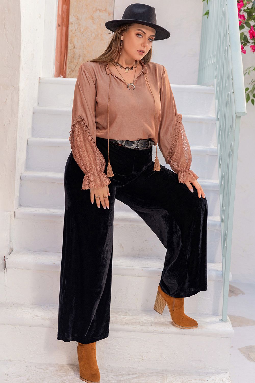 Plus Size Tie Neck Flounce Sleeve Blouse - Classique Collection