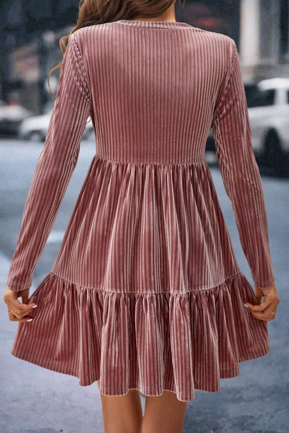 Ruffle Hem Round Neck Long Sleeve Dress - Classique Collection