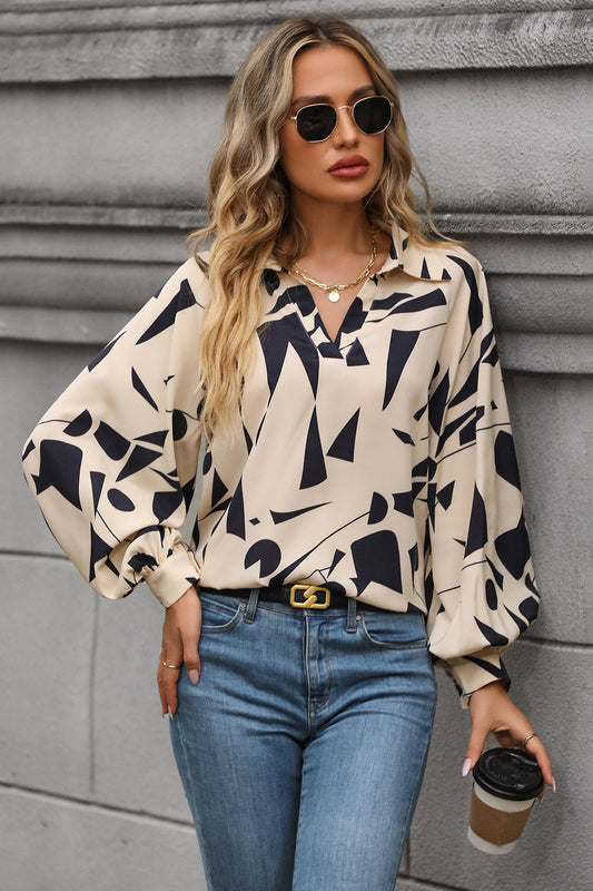 Perfee Printed Johnny Collar Blouse - Classique Collection