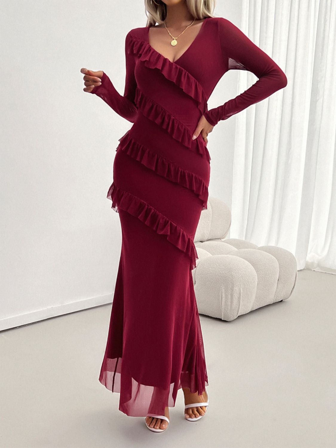 Devine Ruffled Surplice Long Sleeve Maxi Dress - Classique Collection