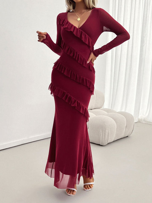Devine Ruffled Surplice Long Sleeve Maxi Dress - Classique Collection
