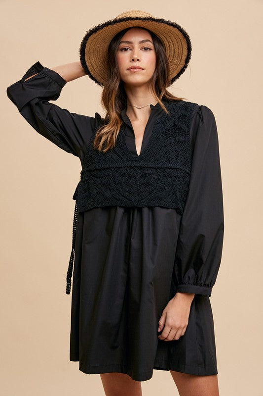 Annie Wear Crochet Vest Notched Long Sleeve Shirt Dress - ClassiQ