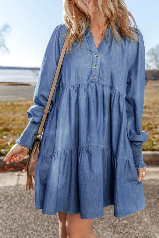 Tiered Johnny Collar Long Sleeve Denim Dress - Classique Collection