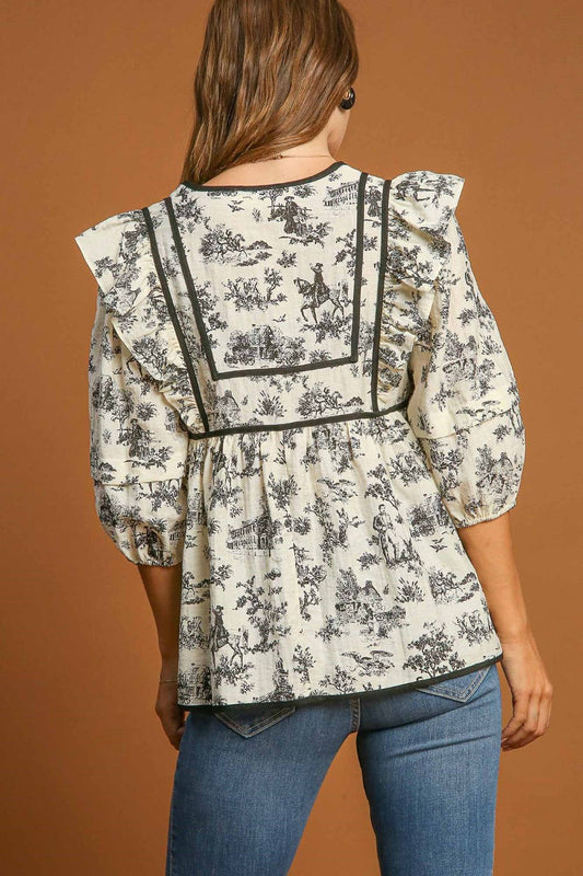 Umgee Ruffled Tie Neck Puff Sleeve Babydoll Blouse - Classique Collection