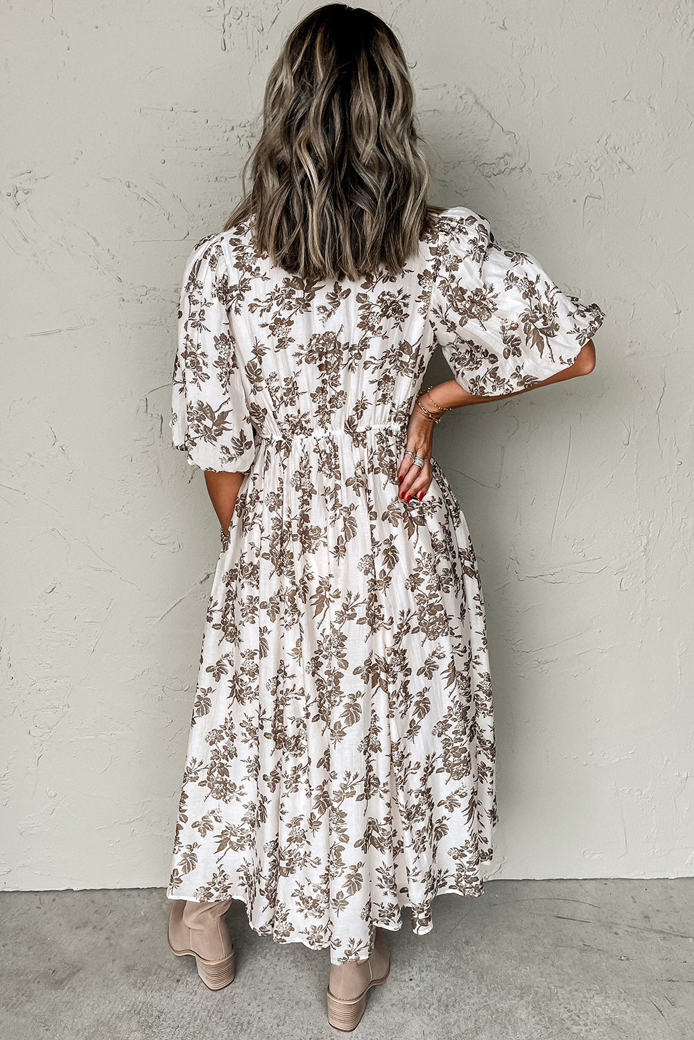 Khaki Floral Puff Sleeve V Neck Buttoned Front Maxi Dress ClassiQ