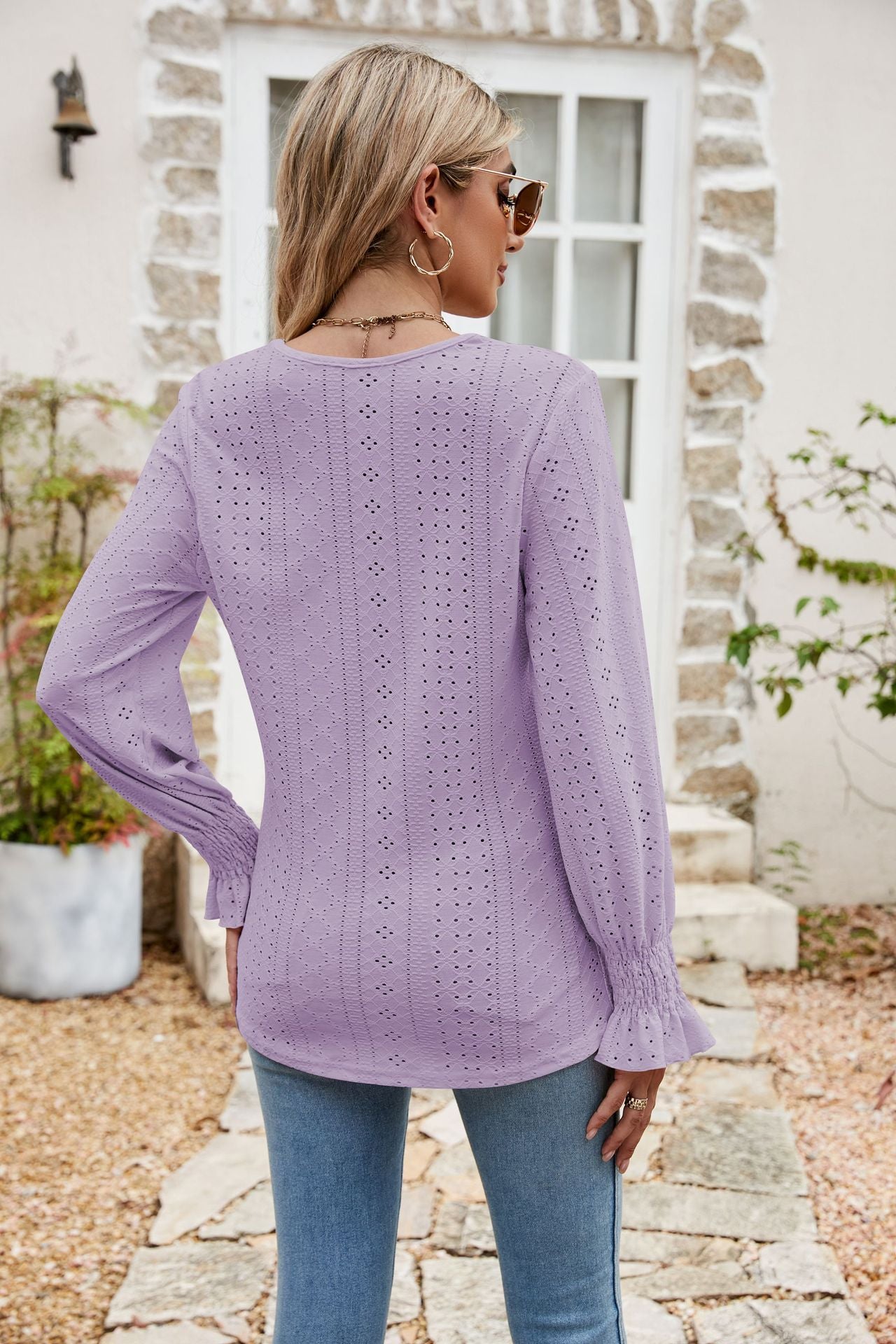 Eyelet Flounce Sleeve V-Neck Blouse - Classique Collection