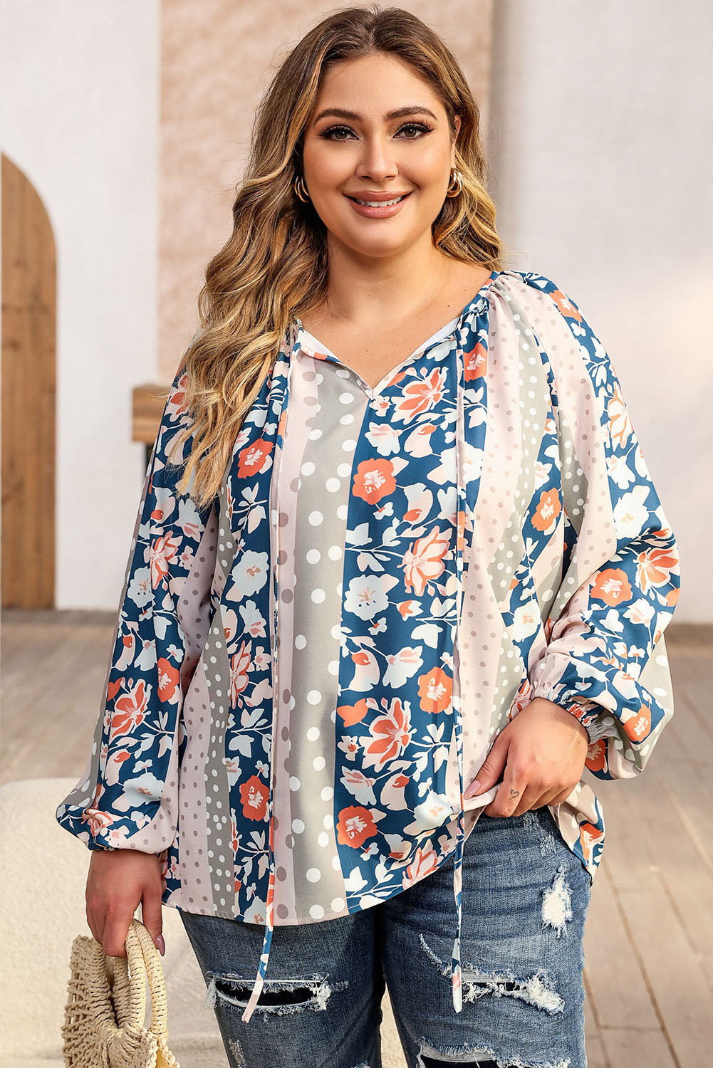 Plus Size Floral Tie Neck Blouse - Classique Collection