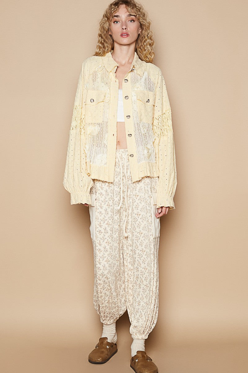 POL Eyelet Flower Pearl Detail Lace Patchwork Shirt - Classique Collection