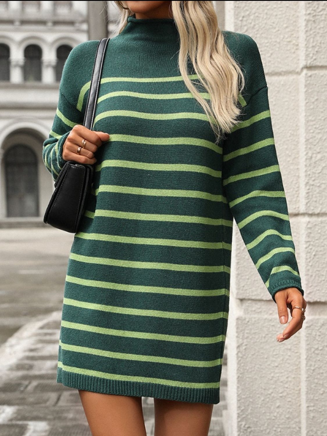 Striped Mock Neck Long Sleeve Mini Dress - Classique Collection