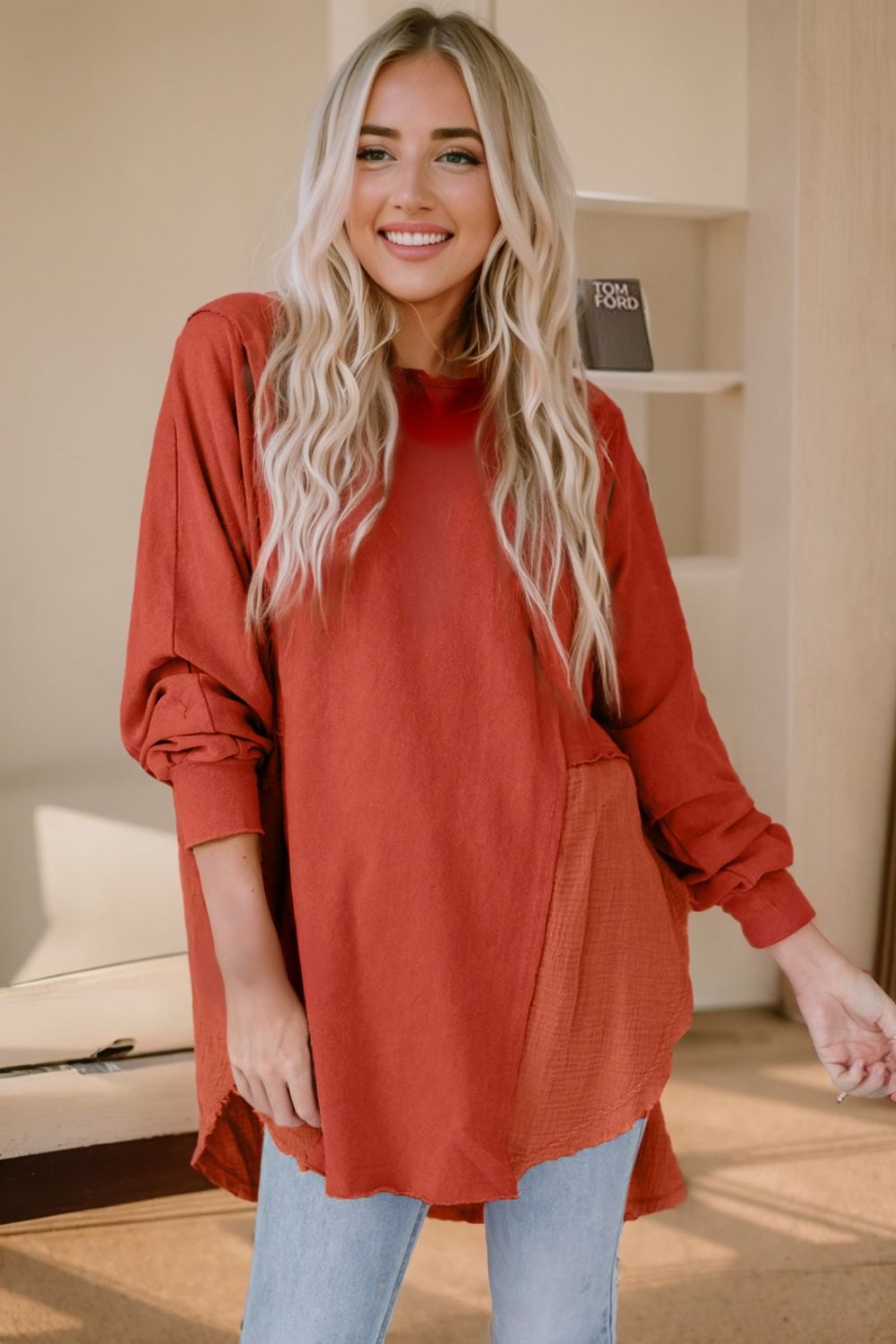 Contrast Texture Round Neck Long Sleeve Blouse - Classique Collection