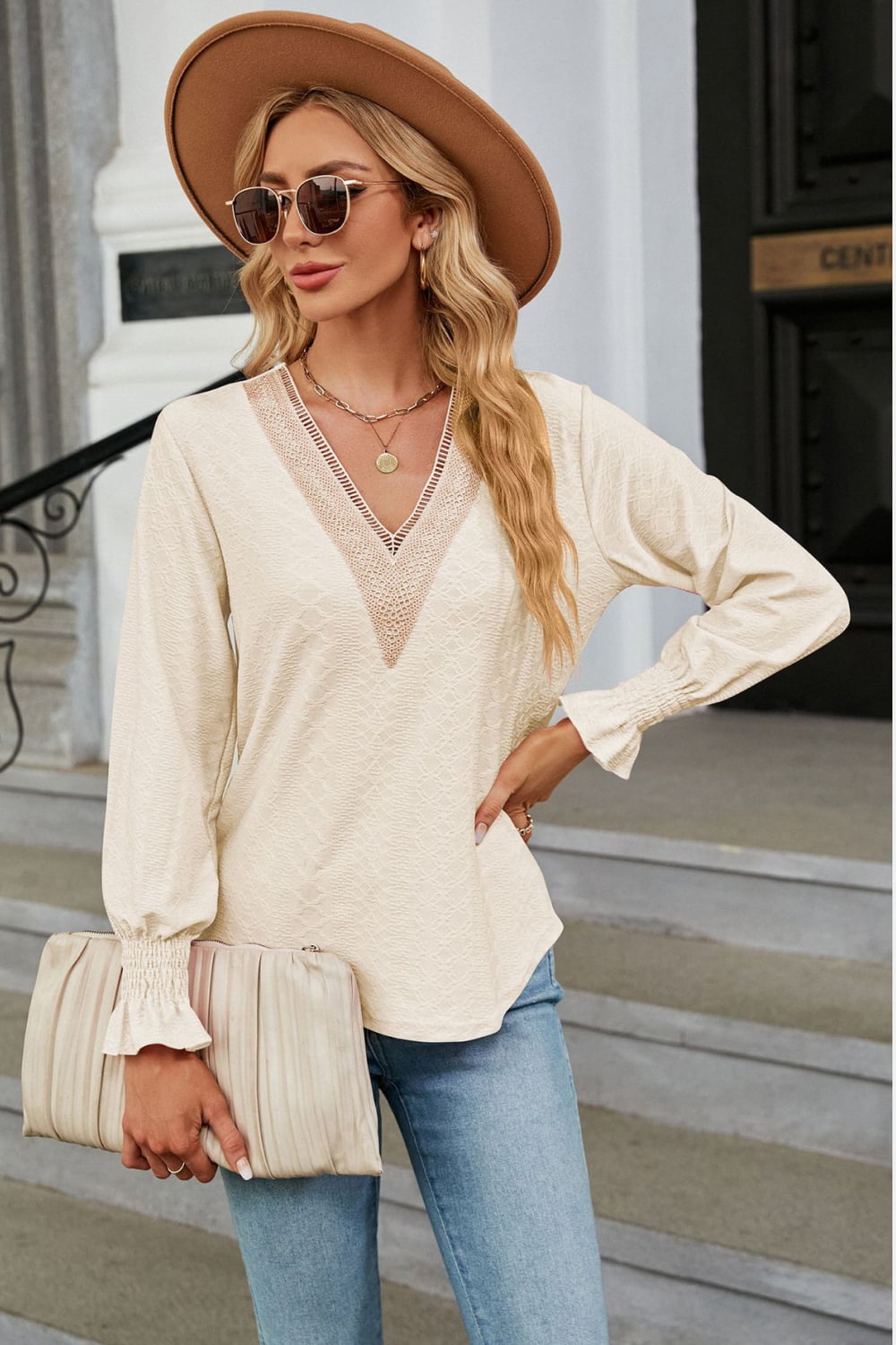 V-Neck Flounce Sleeve Blouse - Classique Collection