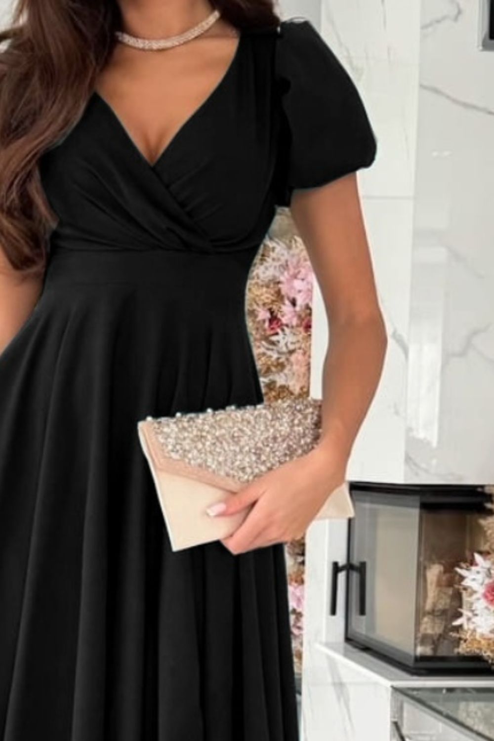 Surplice Puff Sleeve Midi Dress - Classique Collection