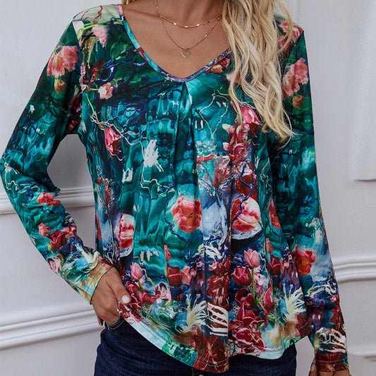 Shiny Printed V-Neck Long Sleeve Blouse - ClassiQ