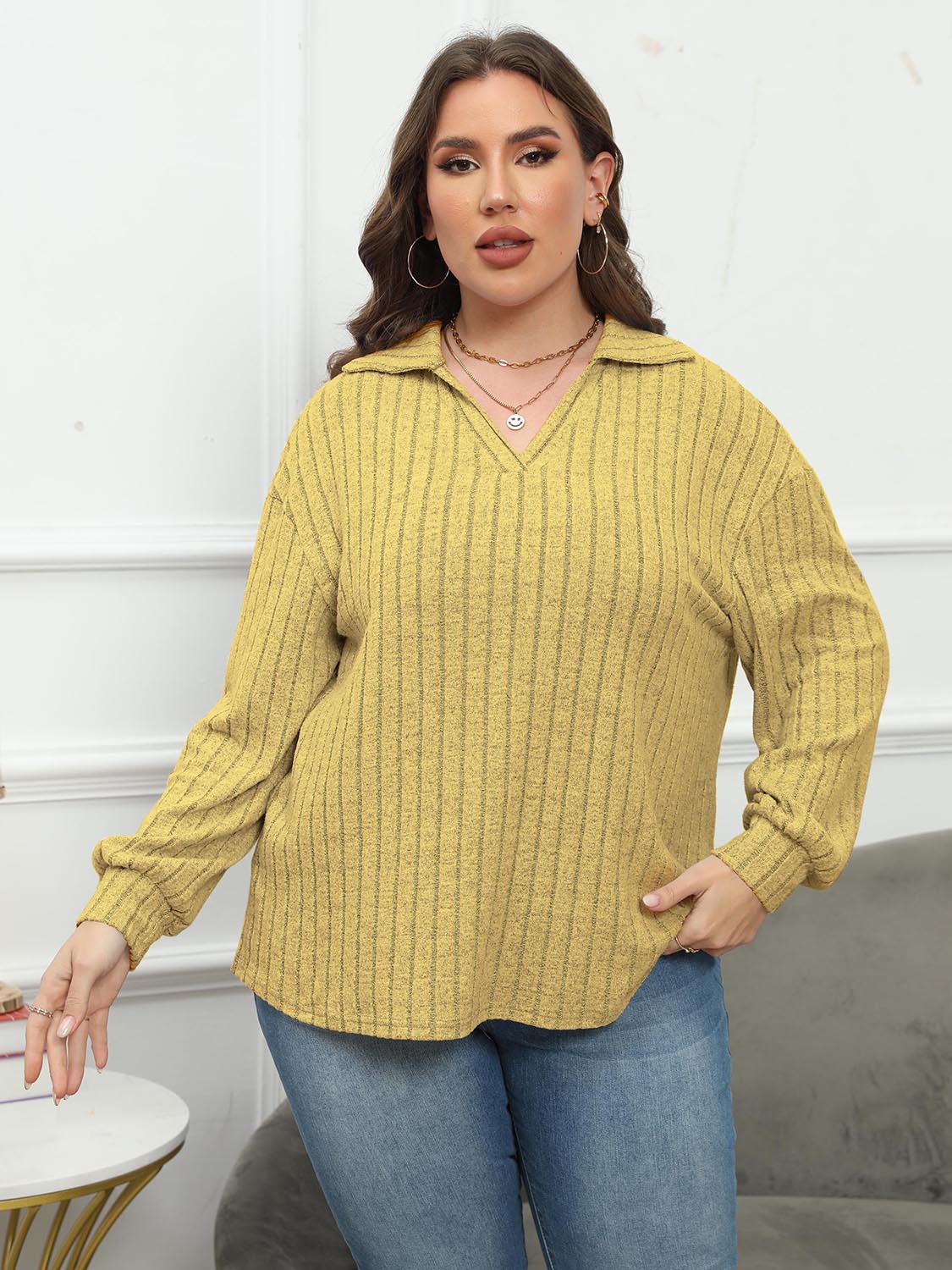 Plus Size Ribbed Collared Neck Long Sleeve Blouse - Classique Collection