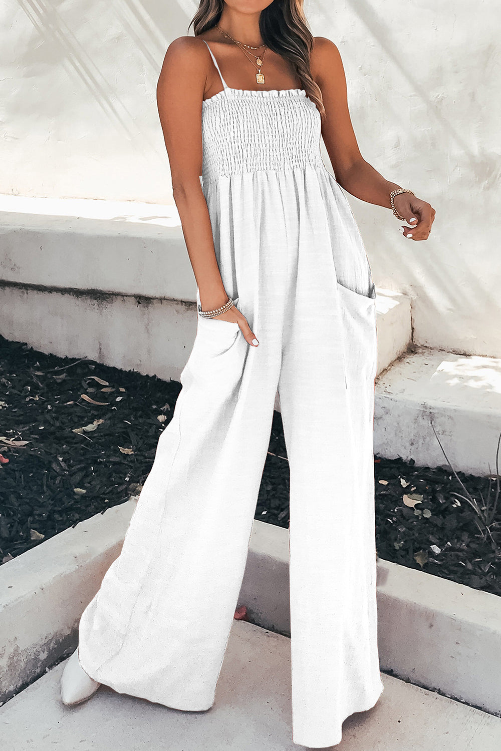 Smocked Spaghetti Strap Wide Leg Jumpsuit - ClassiQ