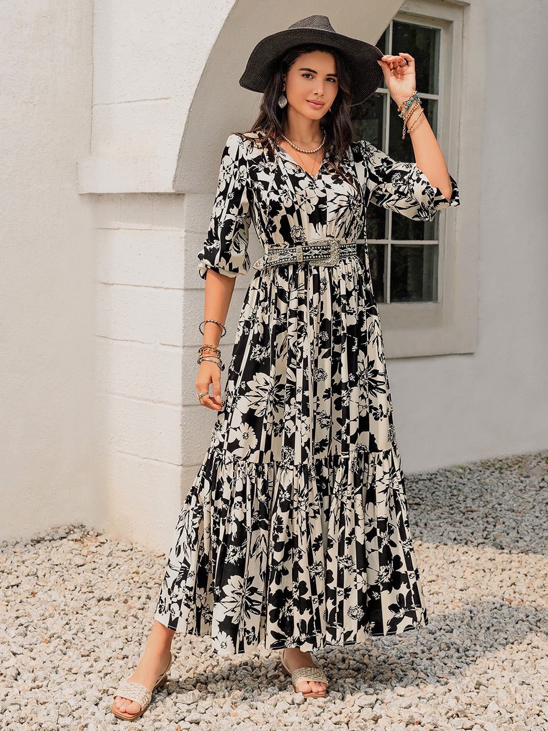 Smocked Printed Tie Neck Long Sleeve Dress - Classique Collection