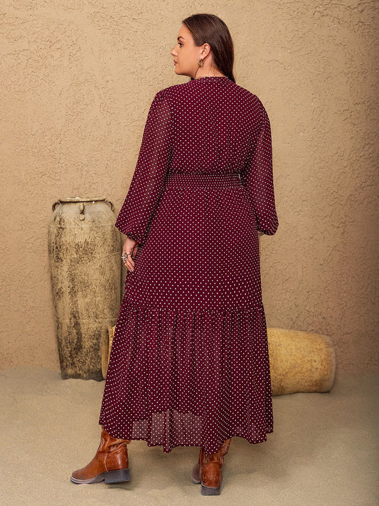 Plus Size Embroidered Polka Dot Tie Neck Long Sleeve Midi Dress - Classique Collection