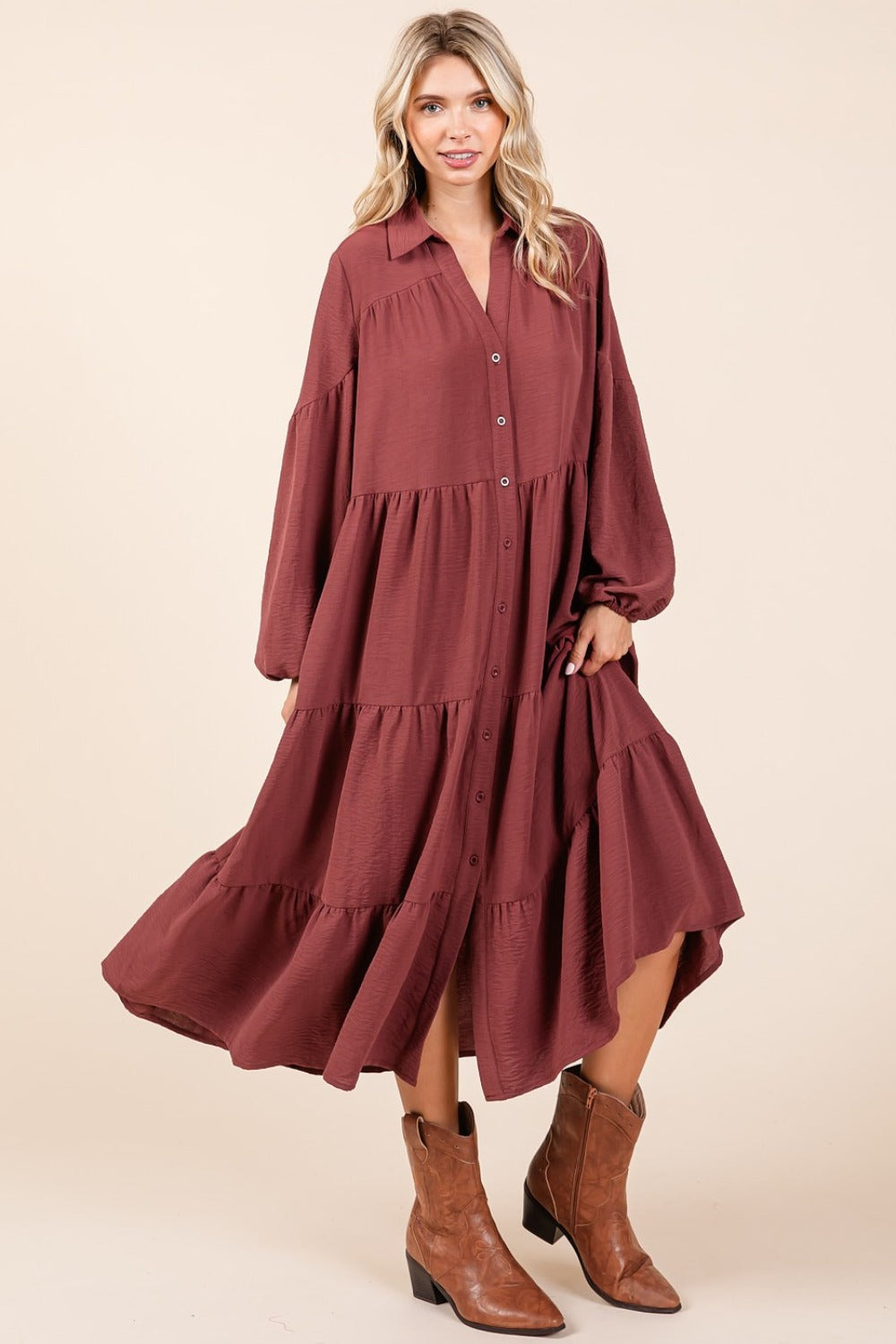 Mittoshop Tiered Button Down Long Sleeve Midi Dress - Classique Collection