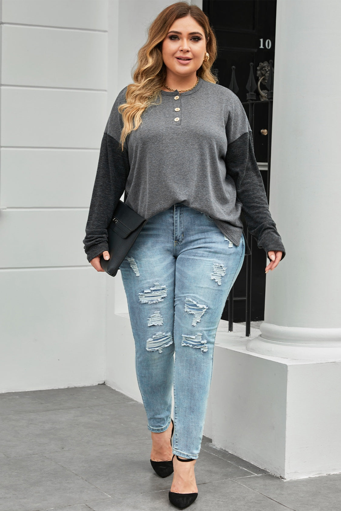 Plus Size Round Neck Long Sleeve Buttoned Blouse - Classique Collection