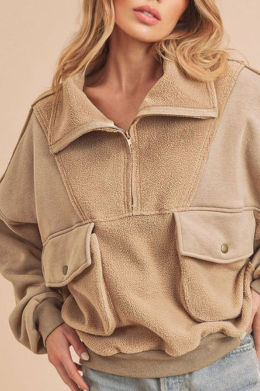 Aemi + Co Exposed Seam Half Zip Sweatshirt with Pockets - ClassiQ