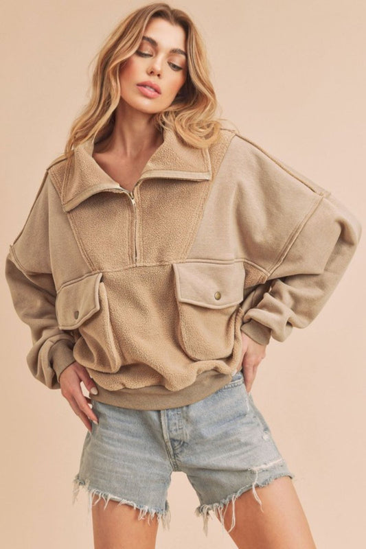 Aemi + Co Exposed Seam Half Zip Sweatshirt with Pockets - ClassiQ