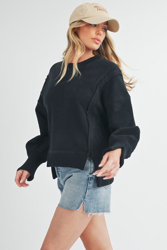 Aemi + Co Exposed Seam High - Low Round Neck Sherpa Top