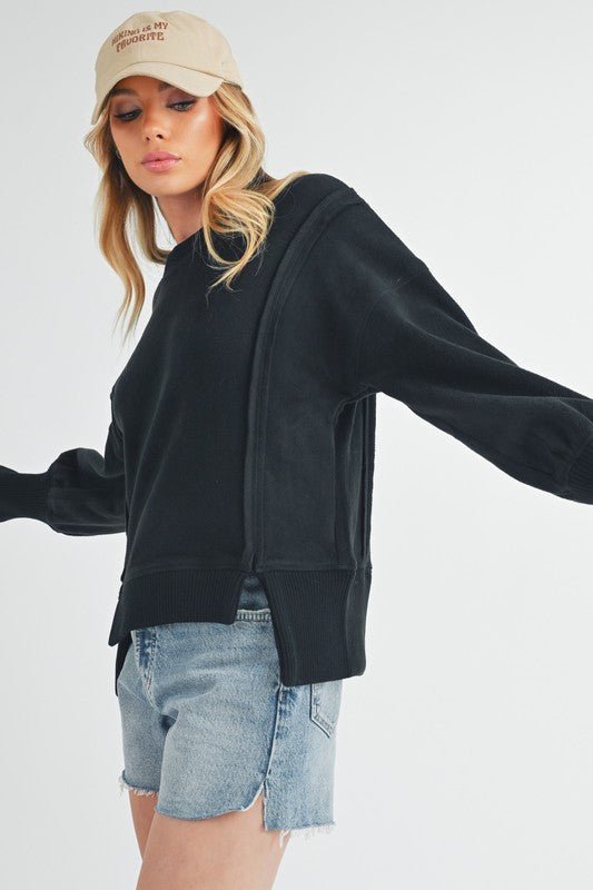 Aemi + Co Exposed Seam High - Low Round Neck Sherpa Top