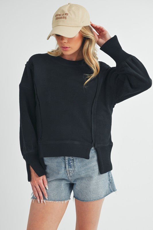 Aemi + Co Exposed Seam High - Low Round Neck Sherpa Top