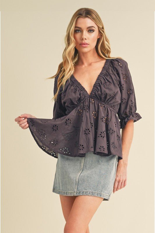 Aemi + Co Eyelet Embroidered V - Neck Half Sleeve Peplum Blouse