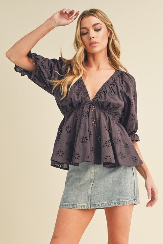 Aemi + Co Eyelet Embroidered V - Neck Half Sleeve Peplum Blouse