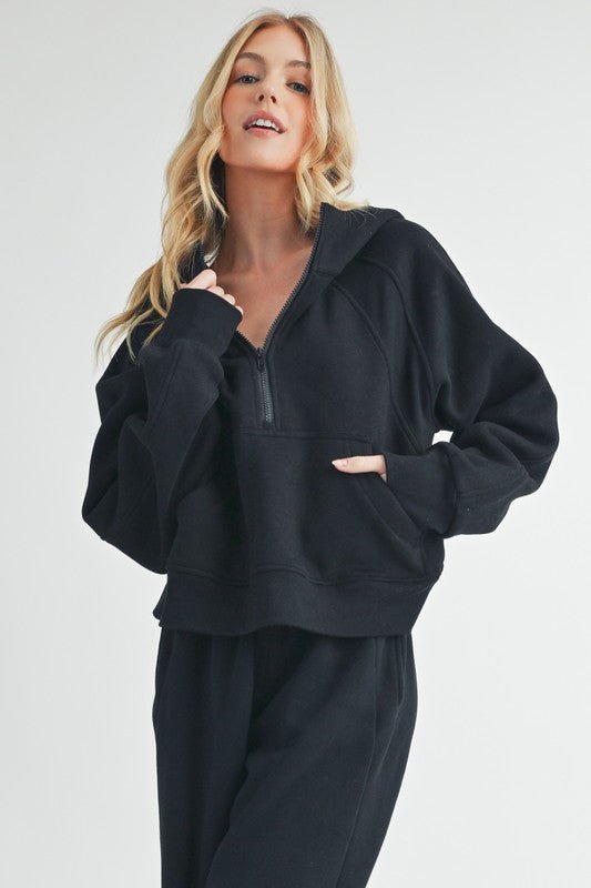 Aemi + Co Half Zip Raglan Sleeve Hoodie with Kangaroo PocketSweatshirts & Hoodies