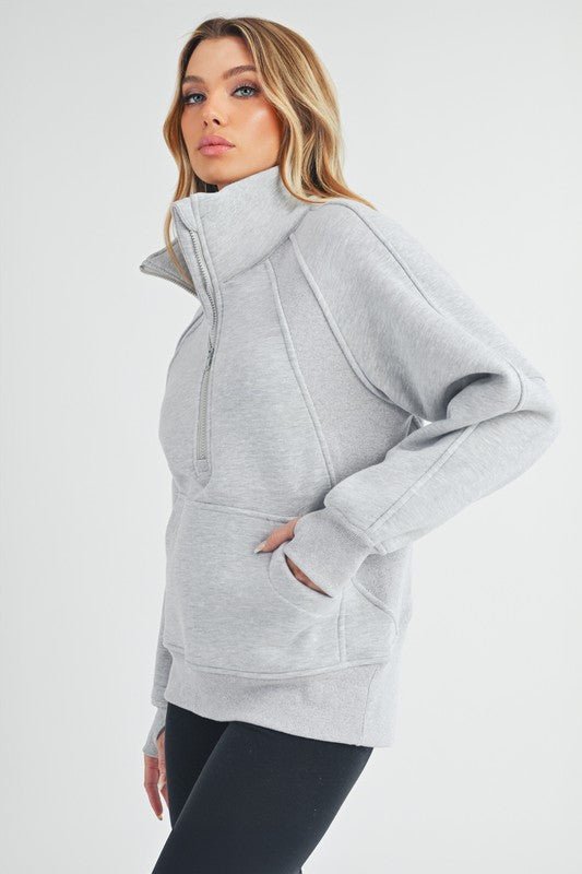 Aemi + Co Half Zip Raglan Sleeve Sweatshirt with Kangaroo Pocket - ClassiQ