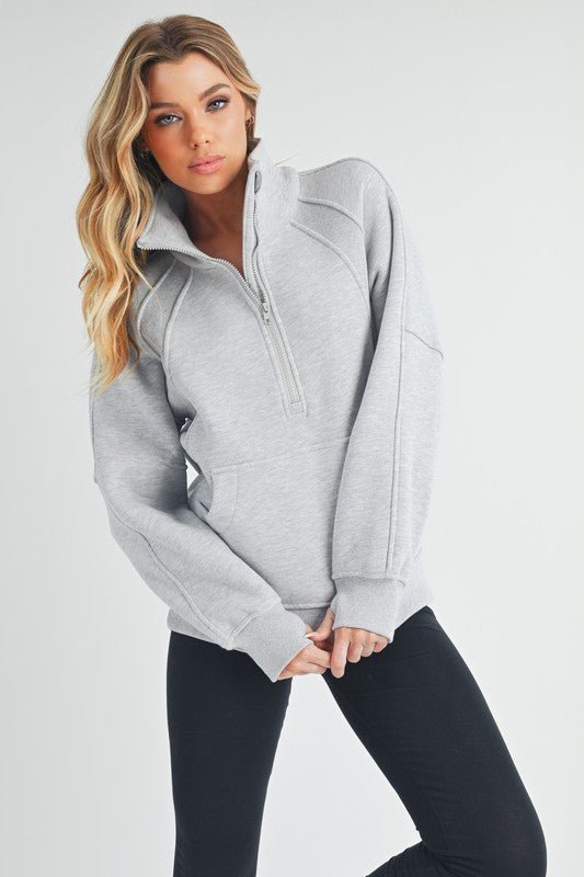 Aemi + Co Half Zip Raglan Sleeve Sweatshirt with Kangaroo Pocket - ClassiQ