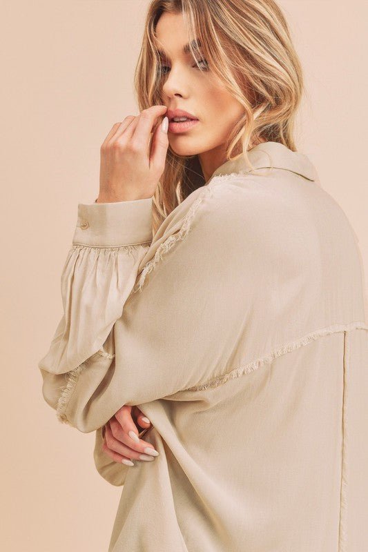 Aemi + Co Raw Edge Exposed Seam Collared Neck Long Sleeve ShirtTop