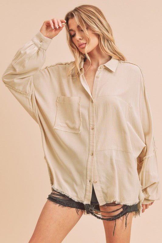 Aemi + Co Raw Edge Exposed Seam Collared Neck Long Sleeve ShirtTop