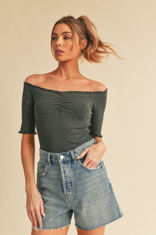Aemi + Co Ruched Frill Off - Shoulder Half Sleeve Knit Top