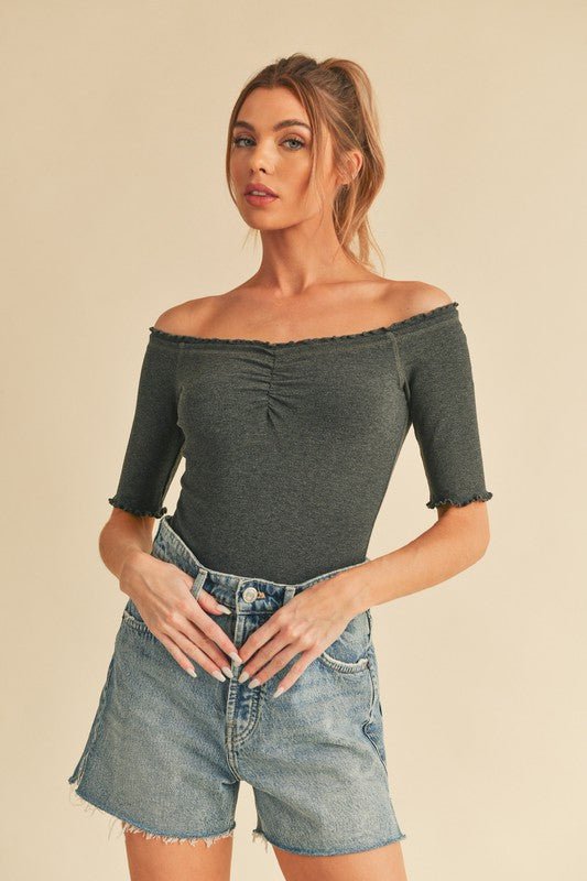 Aemi + Co Ruched Frill Off - Shoulder Half Sleeve Knit Top