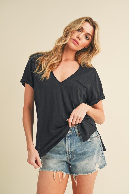 Aemi + Co Side Slit V - Neck Short Rolled Sleeve T-Shirt