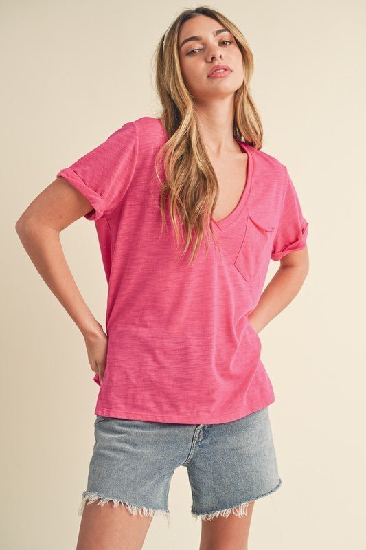 Aemi + Co Side Slit V - Neck Short Rolled Sleeve T-Shirt