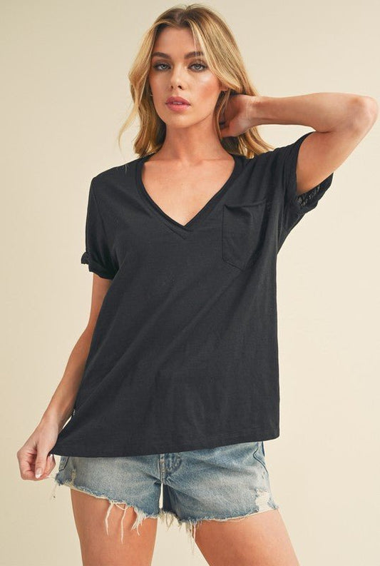 Aemi + Co Side Slit V - Neck Short Rolled Sleeve T-Shirt
