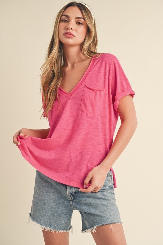 Aemi + Co Side Slit V - Neck Short Rolled Sleeve T-Shirt