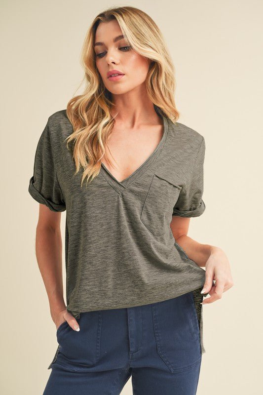 Aemi + Co Side Slit V - Neck Short Rolled Sleeve T-Shirt