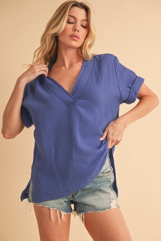 Aemi + Co Side Slit V - Neck Short Sleeve Blouse