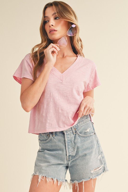 Aemi + Co Side Slit V - Neck Short Sleeve Cropped T-Shirt - Classique Collection
