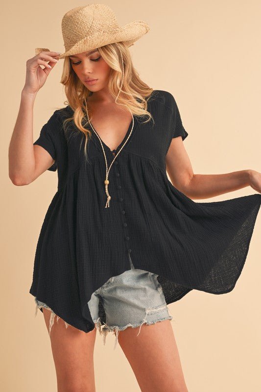 Aemi + Co Tuck Detail V - Neck Short Sleeve Blouse - ClassiQ