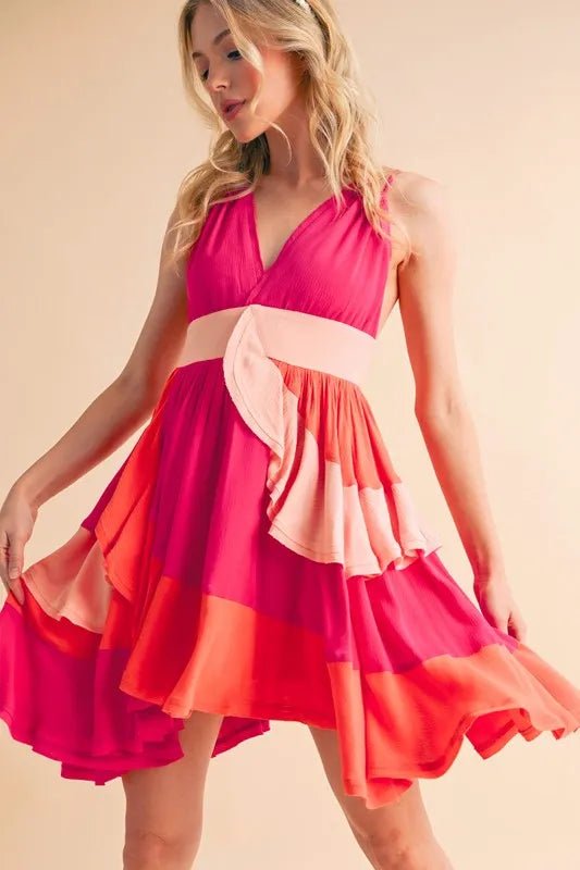 Aemi+Co Ruffled Color Block Sleeveless Mini Dress