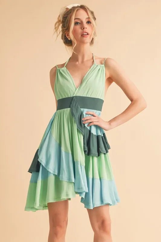 Aemi+Co Ruffled Color Block Sleeveless Mini Dress